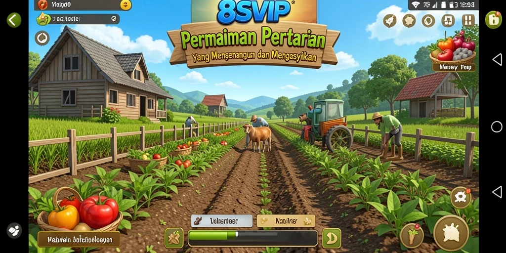 Screenshot gameplay <strong>8SVIP</strong> yang menunjukkan ladang yang subur dan tanaman yang tumbuh.