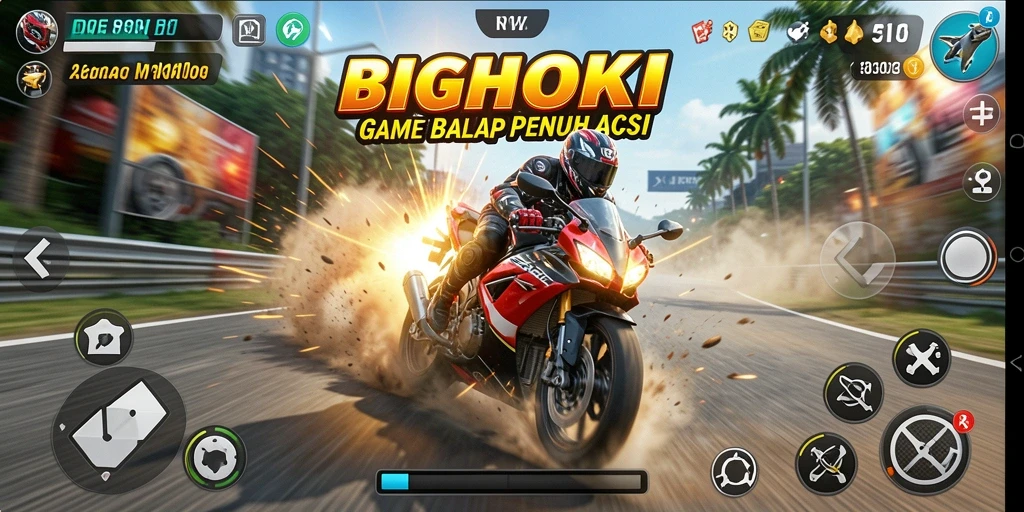 Tampilan gameplay BIGHOKI dengan motor balap yang cepat.