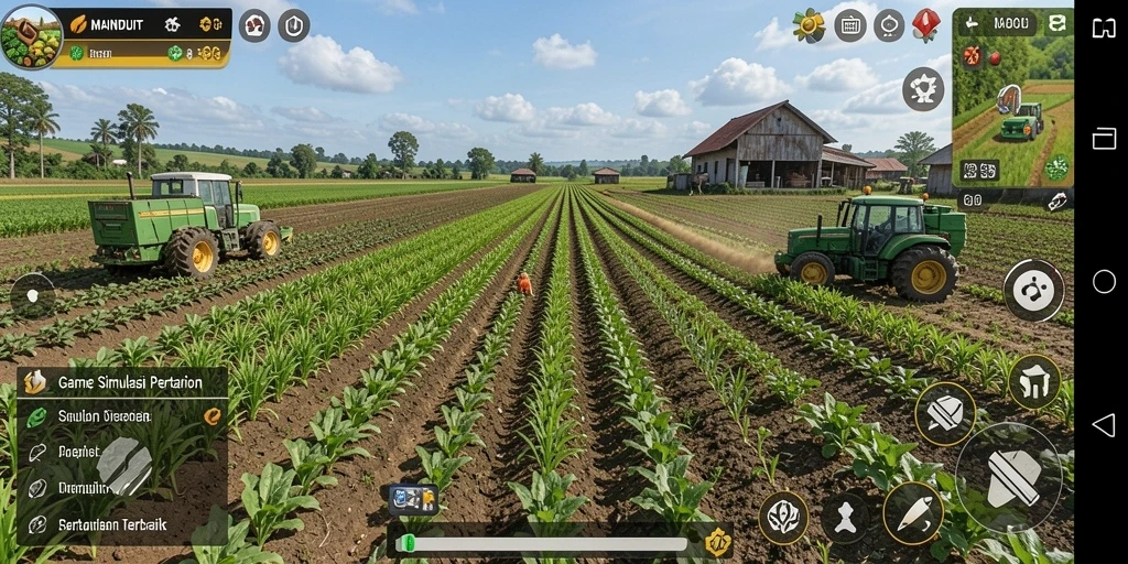 Screenshot gameplay MAINDUIT menampilkan petani yang sedang menuai hasil panen.