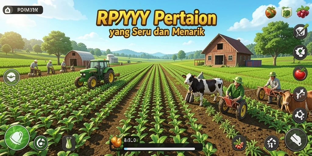 Screenshot gameplay menampilkan ladang yang subur dan beragam tanaman.