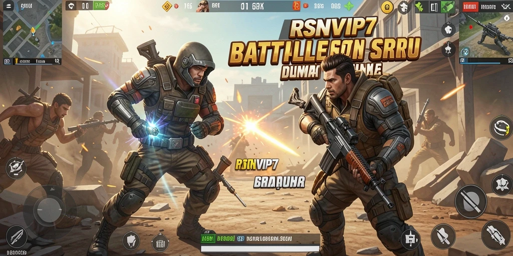 Screenshot dinamis RSNVIP7 menampilkan aksi seru dalam Battle Royale.