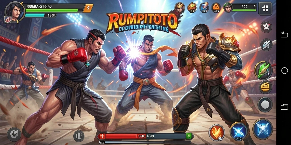 Screenshot gameplay RUMPITOTO menampilkan pertarungan intens antara karakter.