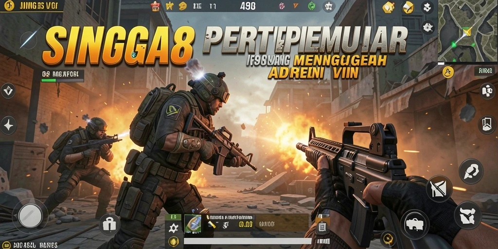 Tampilan gameplay epik SINGA8 dalam pertempuran FPS.