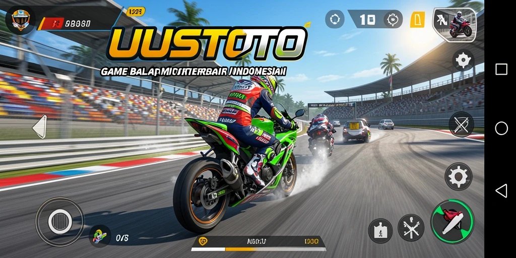 Screenshot gameplay UUSTOTO menampilkan aksi balap motor yang mendebarkan.